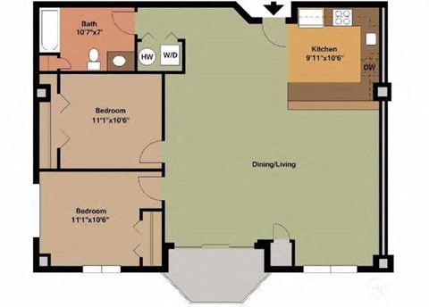 Floor plan for 2 beds, 1 bath, 1125 sqft